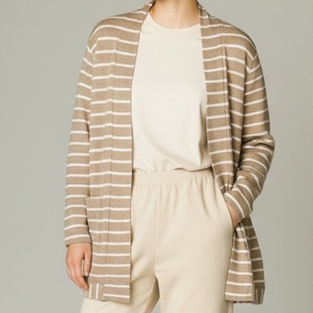 BYTAVI Striped‎ Longline Cardigan Sweater Taupe White Size Large -tiny flaw